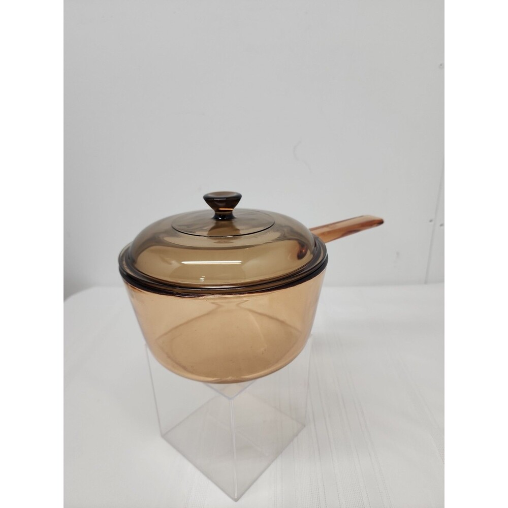 Vintage Corning Visions 1.5 L Saucepan W Lid Amber Glass 1980's Made In The USA